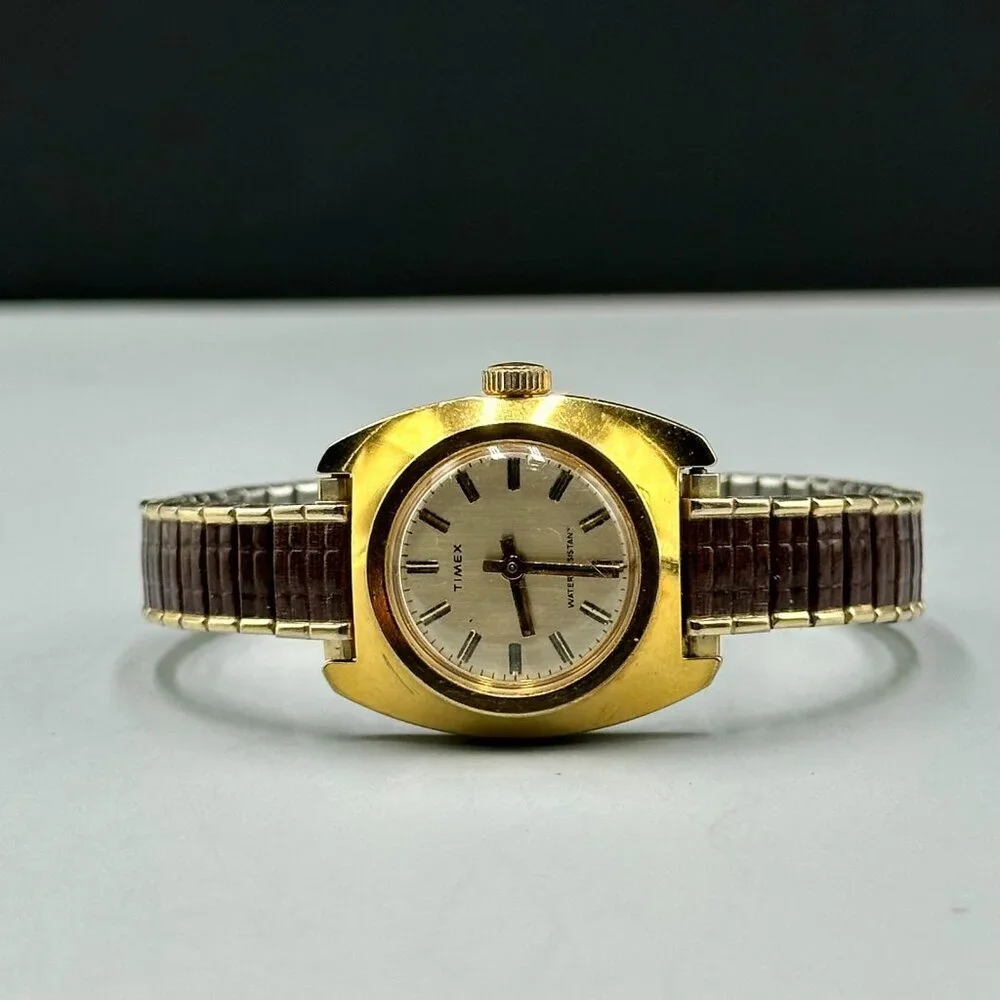 Vintage Timex Watch Women Gold Tone Manual Wind Brown Stretch Band 6.25 Inch